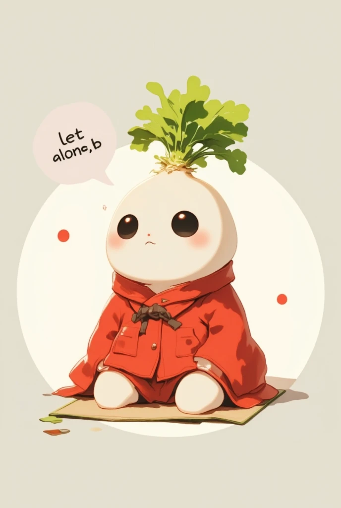 Chibi character、 顔のChubby anime character 、 Chubby, 、 white turnip radish with a rounded face  、 in、 top knot like a green leaf  、black circle eyes、 A flat nose with a small round hole  、  wearing a bright red crested coat  、 は言うまinもありません 、 畳の上に座って白丸に赤丸点が一個描かれた扇子を抱えて傲慢な態度in座っています 、  on the armrest  、 towards viewers 「Let alone 、B」とマンガのふきだし付きinコメントしている、