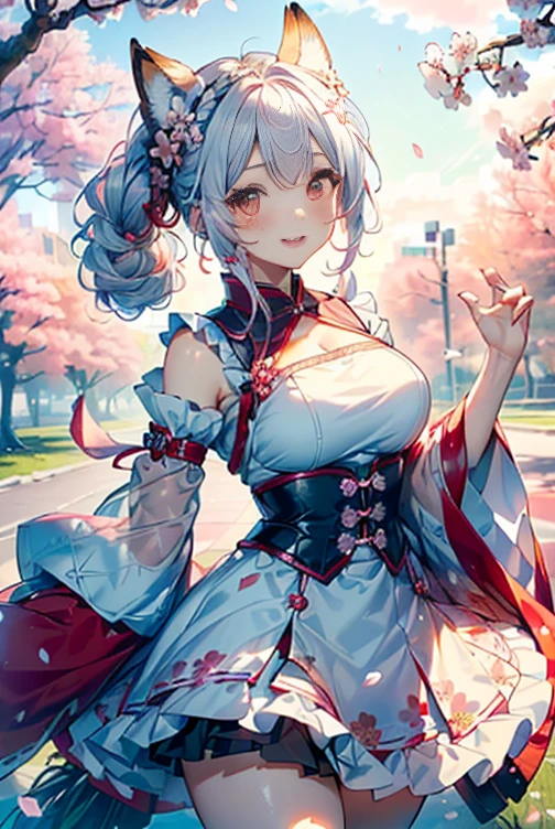 ((silver hair)),((pink eyes)),((long hair with curls)),((With bangs)),((fashion//Traditional and sexy red, white and light blue costume:1.3)),((Cute and moving around energetically)),((lots of flowers:1.35)),(blush),((happy face:1.2)),(close up of face:1.3),((celebration)),(NSFW),((small breasts:1.2)),