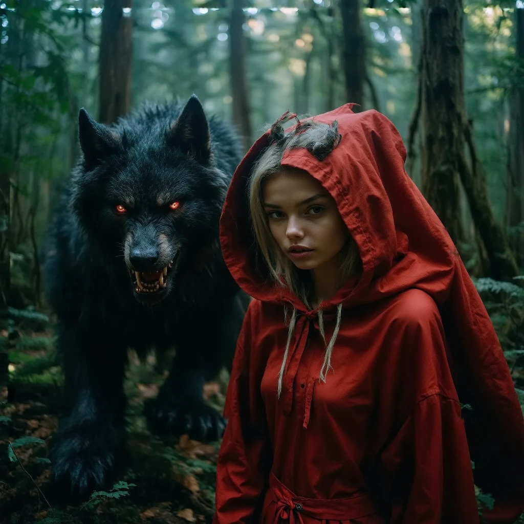 a surreal dream where little red riding hood loses her innocence to a werewolf monster. beautiful detailed sex of a loving interspecies couple. The moment the monster's penis penetrates the girl's vagina..A professional, high-quality portrait with soft, natural lighting that highlights the subject’s features in warm, realistic tones. Gentle shadows add depth without harsh contrast, while a slight background blur keeps focus on the subject. The image is sharp, detailed, and has an authentic, lifelike ambianceof youth and natural beauty of the body , в стиле темного фэнтези, лесная фея, череп ,in the dark woods, hell nymph!!!, in the woods, In the dark woods, dark elf, In the deep woods.