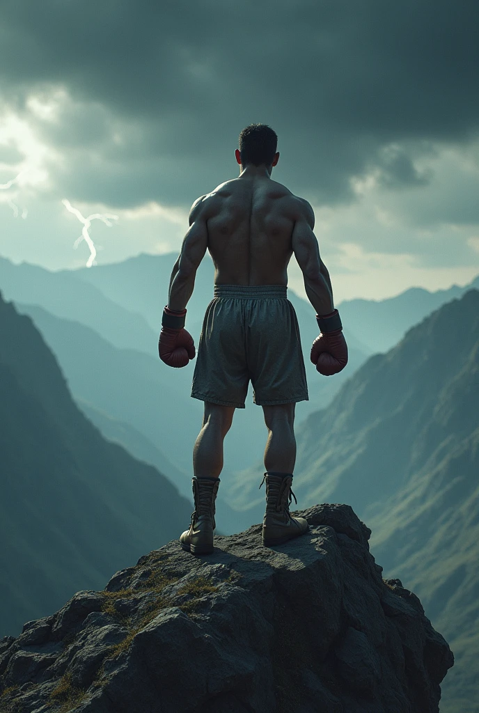 A man with nice physice body and wearing a boxing gloves and stand on mountain dark place and background is dark sunset 