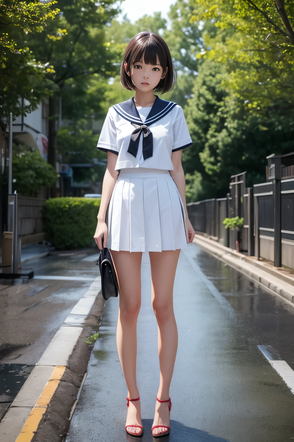 Perfect composition, Proper placement, Golden Ratio, masterpiece,  best quality,  high definition ,  one Japanese Girl,  Beautiful Japanese Woman, full body focus, full body shot, view the viewer, standing,  Wearing a Japanese High School Sailor Suit:1.331, Summer short sleeve uniform ,  red ribbon,  Anatomically Correct Ratio :1.331,  has a small head :1.331, Slender body:1.331,  thin waist:1.331, Thin limbs:1.331,  medium breasts, Brown Hair,  short cut hair,  bare legs, white pin heels, wet hair ,  wet skin , Wet clothes, rain, Summer evening, rain:1.21, In a residential area:1.21,  old blurry photos, Faded photos , Light and Shadow, Movie Lighting, 