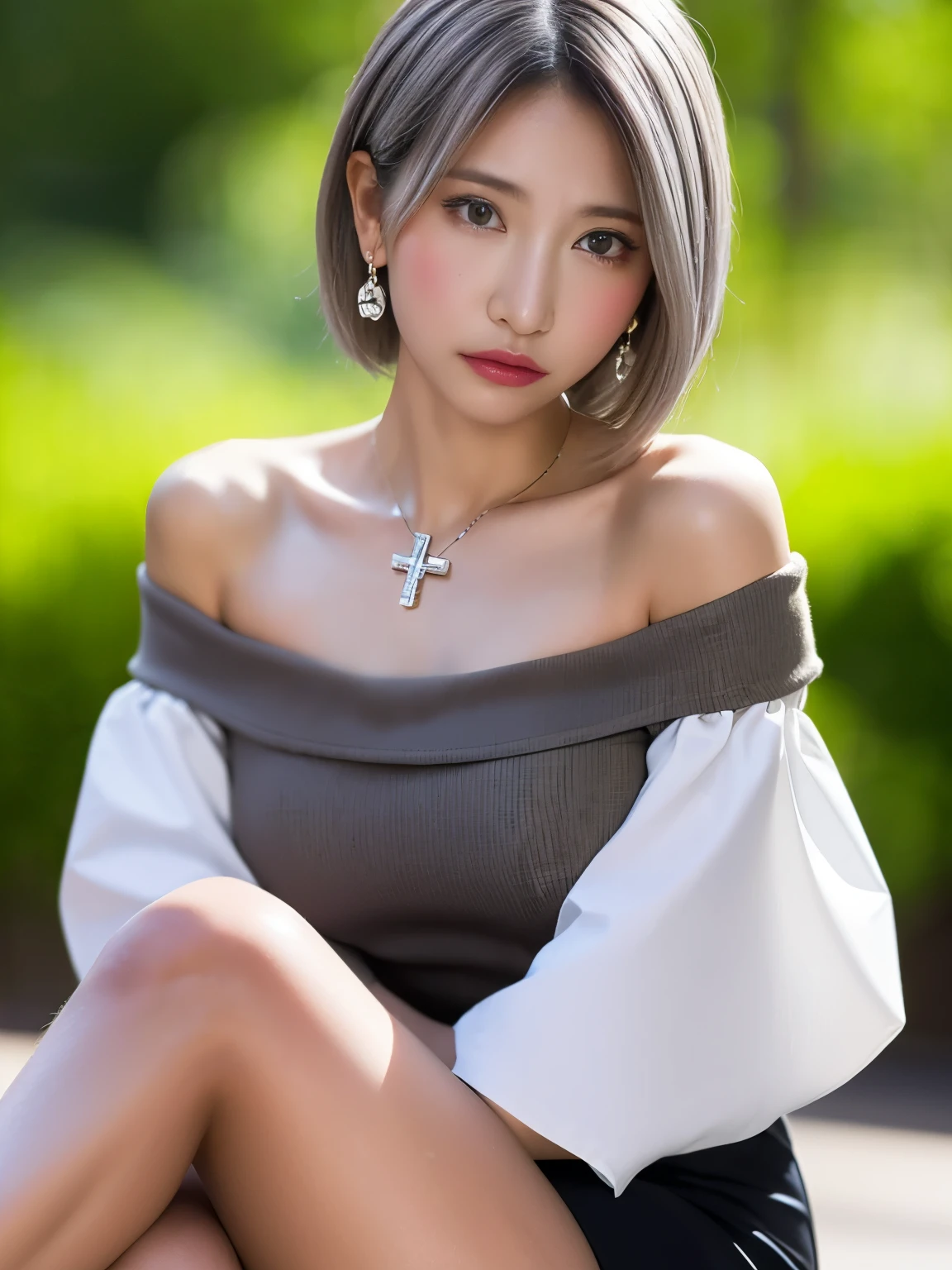 masterpiece, 8k, Award-winning photo, photoRealistic, Realistic,  very detailed,   ultra high resolution with forest background, Ray Trakun, ///1 person,  most beautiful, 20 years old , ( sexy,  Japanese Idols), (Grey Hair:1.2),///  human detail shiny skin  ,  detailed skin ,  beautiful detailのある顔 ,  beautiful detail , beautiful 歯, ///  ( double eyelids, Droopy eyes),  natural lips, (  brightly colored large breasts  :1.2),  tan, ///(((whole body, , crosses legs))), (the above:1.3), Remember, /// office,  blurry background,  very detailedな背景, ///  earrings for a woman alone, Necklaces ,(  is wearing an off-shoulder blouse:1.5), tight skirt , Well-Trained Body ,logic
///Finished ultra-Realistic textures,  RAW photo,Shine,Troubled expression,(Sweaty body:1.3)