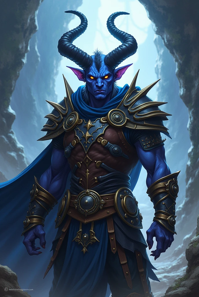 Tiefling male. Very compact, tight, rams horns. Charcoal-black skin. A soft, solemn face. You can see his chest due to his dark-colored, button-less, sleeveless, gold-trimmed jacket. black trousers. He’s in a combative stance. He’s holding the hilt of his intricately engraved, curved sword in the scabbard on his left hip. He has a glowing purple, shadow emitting shield ON his back and a book holster on his other hip carrying a black, malevolent tome.
