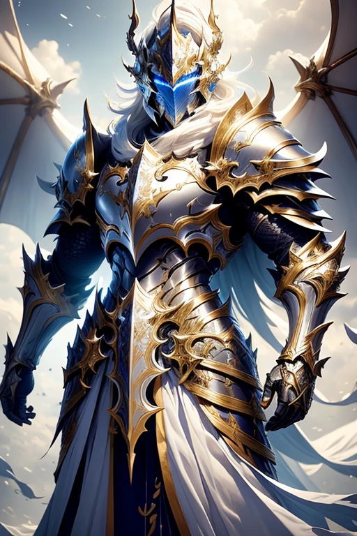 (1 knight) full body Male dragon paladin wearing a white leather armor under a shiny white intricate elaborated baroque plate chest armor with gold lightnings accents, White medieval helmet with gold lightning accents, long white cape with gold lightnings ornaments, holding a great white lightning greatsword, detailed fantasy armor white lightning, Large white dragon wings, white storm background, blue lightnings, cloudy background