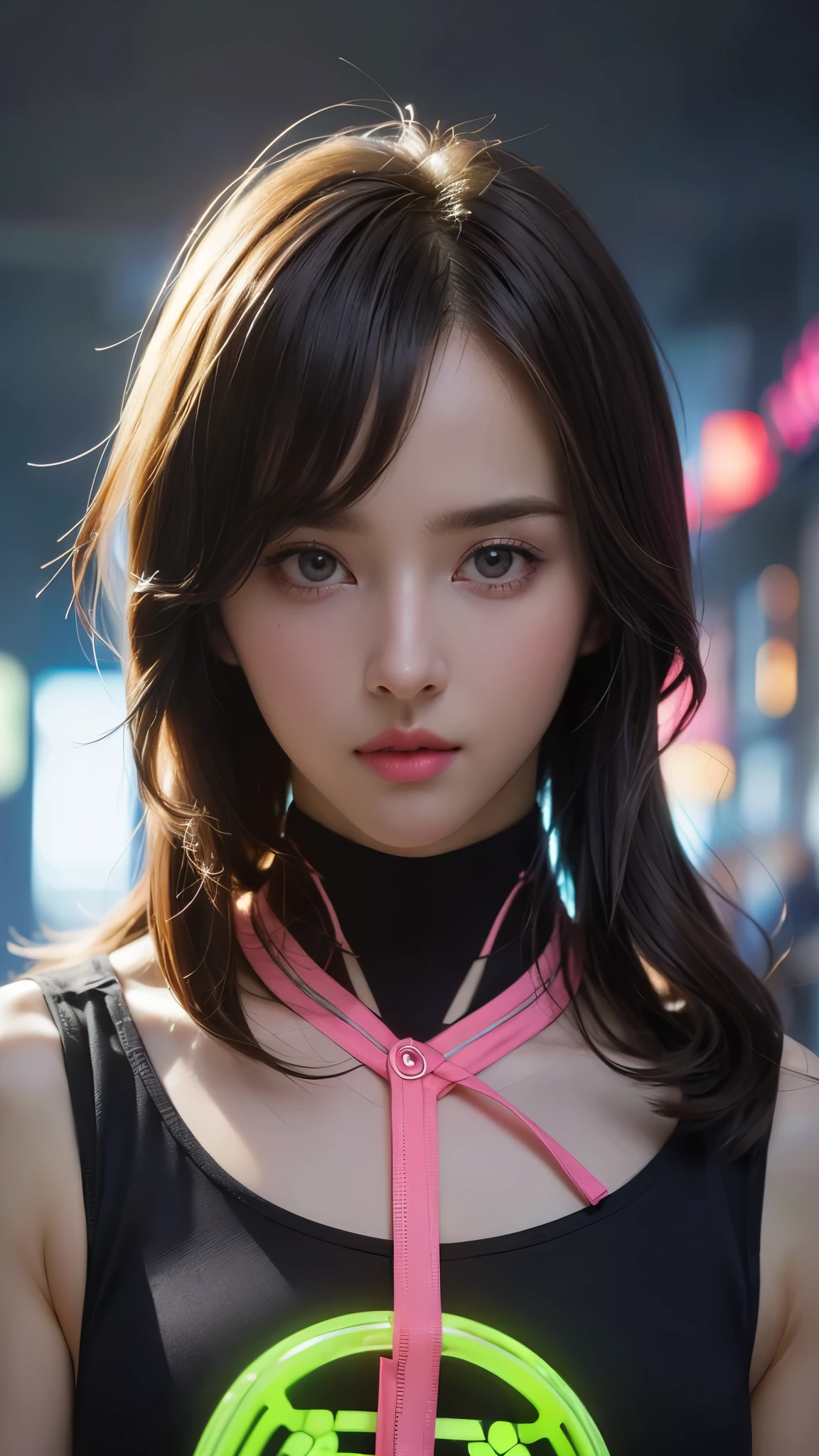 (masterpiece, highest quality, highest quality, Official Art, beautifully, aesthetic:1.2), Staring at the viewer, Portrait Photography, (Cyberpunk beautiful girl 1 person), Big iridescent eyes, Beautiful skin, (Pink and blue long hair with bangs), Very detailed, (Neon colored fractal art:1.3), Perfect lighting, Sharp focus, High resolution, High resolution, High color rendering, High resolution, Super realistic,