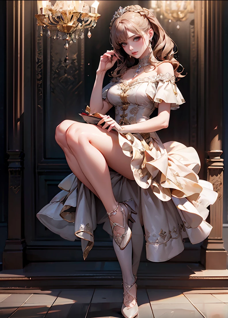 (( best quality )), (超 high definition ), ( Very detailed), (Detailed explanation), (( best CG )), (masterpiece),  Super Fine Art , ( best quality , 8k, 32K, masterpiece), (Realistic:1.2), ( high definition ),  elegant woman、Dinner Party、Robe décolleté、 Floor Length Evening Dress 、 shiny material、 deep v-neck、 off-shoulder 、Open Back Design 、 diamond tiara 、 diamond necklace、 white scattered on the floor with hair cut in a straight line 、Long gloves、 Clutch Bag 、Nude colored stockings、 Elegant Heeled Pumps 、Classy makeup、((Beautiful hairstyle:1.8))、 Luxurious Palace Backgrounds、 chandeliers 、Candlelight、(( Dynamic Composition:1.5))、( full body shot:1.7)