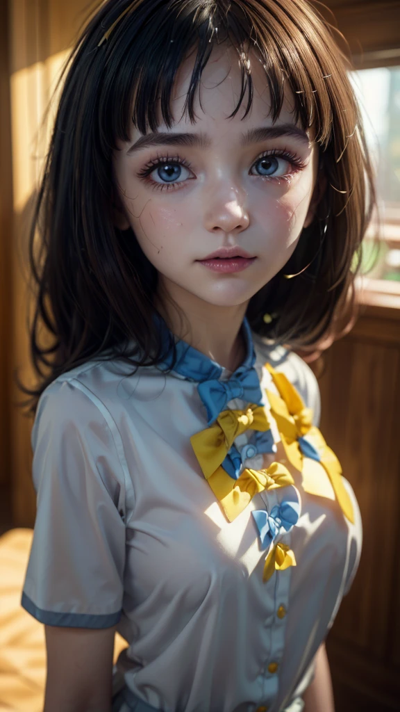 AnnaSchool, collared shirt, white shirt, blue bowtie, yellow bowtie, short sleeves, pleated skirt, grey skirt, (best quality, masterpiece:1.2), 1girl, (((masterpiece))), looking at viewer , top-quality, top-quality, High Details, 1girl, illustratio, comic strip, soothing tones, Subdued Color, Soft cinematic light, adobe lightroom, photolab, HDR, intricately and hyper-detailed、(((depth of field, (((masterpiece)))。(((top-quality))).)((ultra-detailliert)))。(((illustratio)))。(((takeout))).(((up chest))).((morning glow)).((the setting sun)), solo, anime, anime screencap, ray tracing, ultra resolution image, vivid color, cinematic light, lens flare, light on face, glow eyes, depth of field, happy, detailed background, cute, straight-on, full body,16k, highres, masterpiece, best quality, realistic, cinematic photo a very short girl, solo, (looking at viewer:1.2), high definition, 8K, detailed face, grabbing her breast, showing her breast, 1 girl, alone,(extremely detailed CG unity 8k wallpaper), (masterpiece), (best quality), (ultra-detailed), (best illustration), (best shadow), (absurdres)
  ((((ultra realistic,32k,RAW photo:1.1),(high detailed skin:1.1), 8k uhd, dslr, high quality, film grain, (makeup, mascara:1.1), 