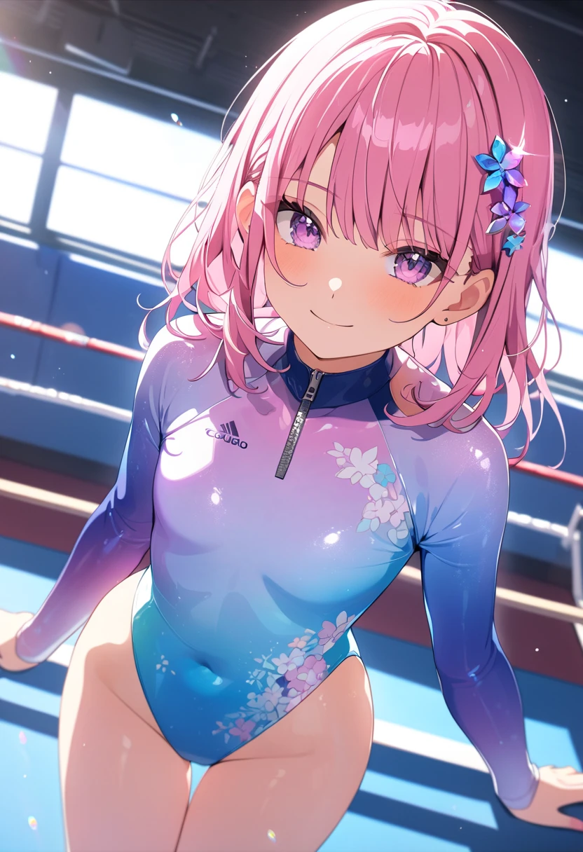 highquality illustration, masterpiece, very delicate and beautiful, attractive girl,(gymnastics leotard, Floral patterns leotard,long sleeve leotard with glittery decoration,high_leg leotard,athletic leotard,tight-fit leotard,iridescent gradient leotard,long-sleeve leotard),thin,slender body,slim,high school,gymnasium background,gymnastics club,gymnastics athlete,princess, beautiful eyes,light smile,(masterpiece, best quality:1.2), highres, extremely detailed CG unity 8k wallpaper, perfect lighting, Colourful, ultra-high res,4K,ultra-detailed, photography, 8K, HDR, 17 ages,cowboy shot,