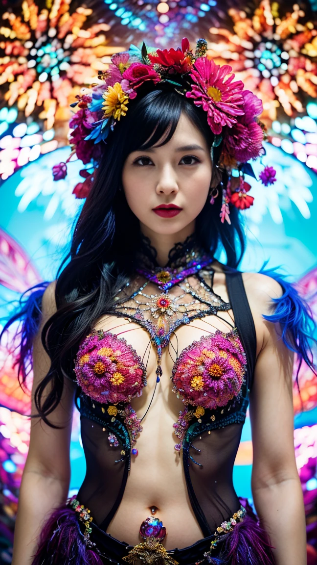 (​masterpiece、top-quality)、High resolution detailed recording、(Photoreal Stick:1.2)、1girl in、Cowboy Shot、(女性の美しさと鳳凰の羽根の美しさがbarechested姿に融合:1.1)、(Dance in a kaleidoscope of vibrant colors and patterns、The blades react and、、、Reflect her movements in a captivating fractal design:1.1)、tits out、barechested、Female genitals、pubick hair、a wet body、Nasty figure、sodden