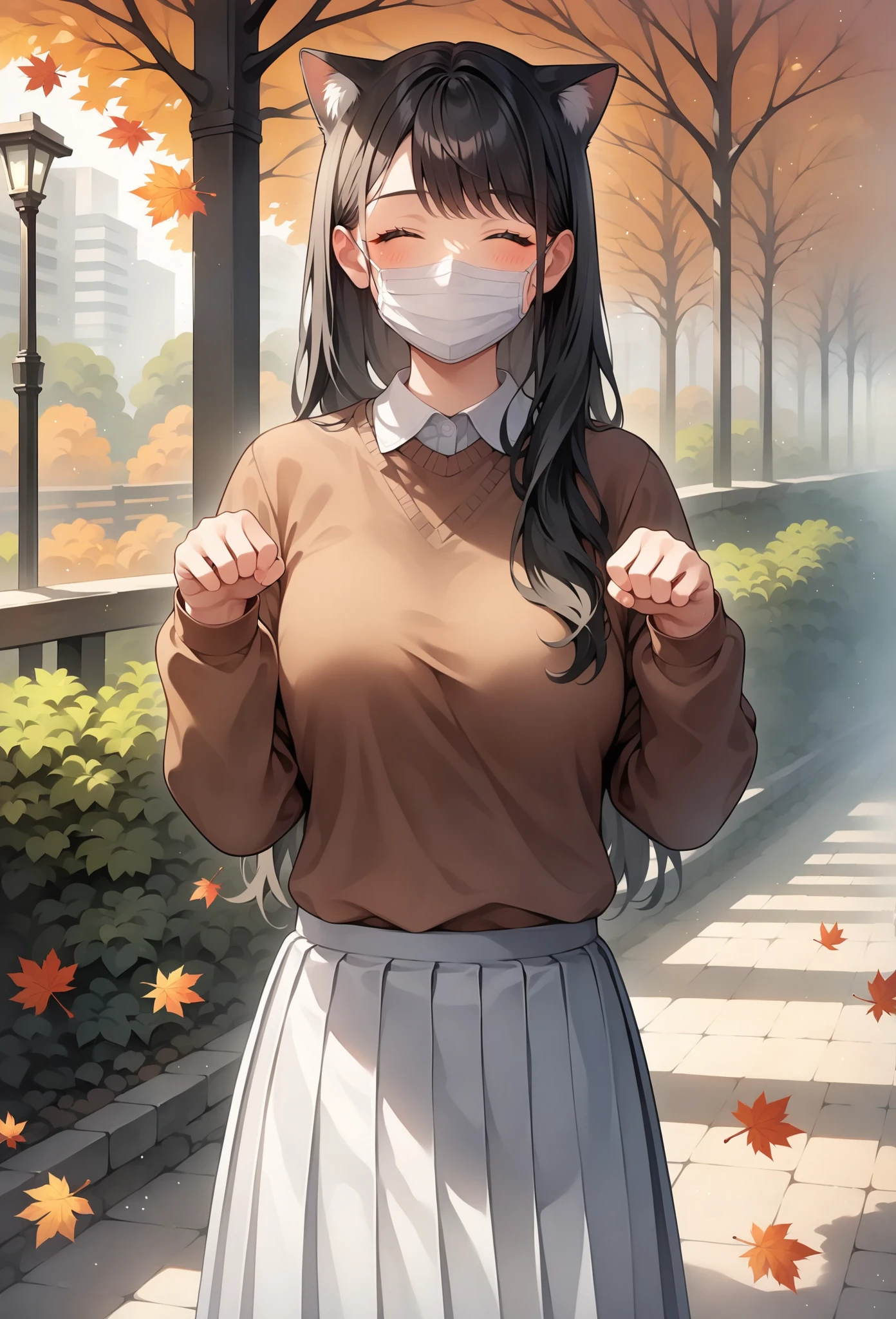 Anime-style character, score_9, score_8_up, score_7_up, source_anime, Adult, mature woman, 24 year old, anime girl wearing a cat kitten ears headband, wearing a white mouth mask, sweater (long sleeve, grey-blue color, casual:1.3), Twill Pleated Long Skirt (long skirt, pleated skirt, White skirt:1.3), anime girl with cute face, happy expression, blush, calm, smilling, wholesome look, paw pose, (perfect anatomy, perfect proportions, perfect figure:1.3), (closed eyes, long hair, black hair, straight hair, lob haircut), curvy body, thick, medium breast, (half body, medium shot, Looking at viewer), (background: Autumn trees in the park, the park with city view).

