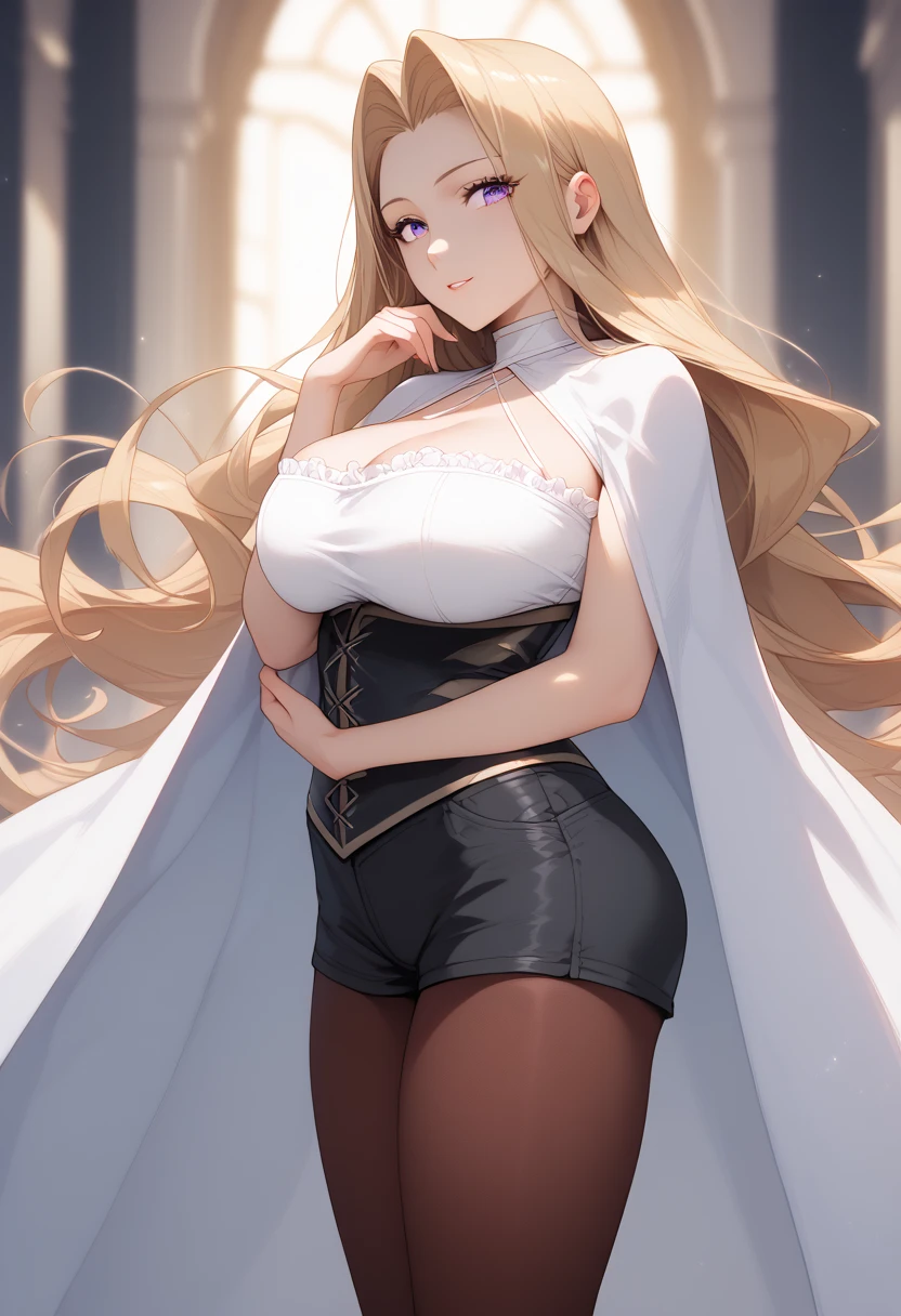 ((((MASTERPIECE)))), best quality,Huge breasts,large ass,Sousou No Frieren,methode, purple eyes, hair intakes, long hair,corset, pantyhose, cape, black shorts,Beautiful attention to detail:1.2, (perfect hand, perfect anatomy), super detailed, beautiful face,hug