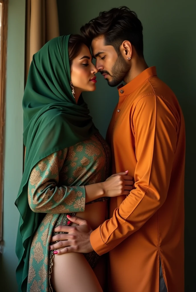 Beautiful women wearing black hijab saffron dress, muscular Hindu pandit kissing, in car