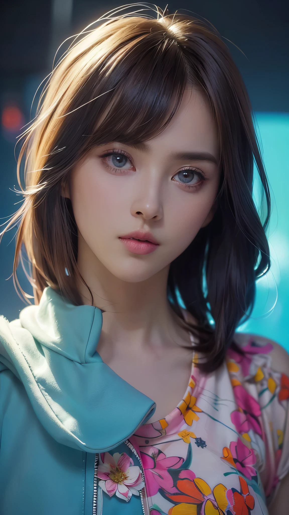 (masterpiece, highest quality, highest quality, Official Art, beautifully, aesthetic:1.2), Staring at the viewer, Portrait Photography, (Cyberpunk beautiful girl 1 person), Big iridescent eyes, Beautiful skin, (Pink and blue long hair with bangs), Very detailed, (Neon colored fractal art:1.3), Perfect lighting, Sharp focus, High resolution, High resolution, High color rendering, High resolution, Super realistic,