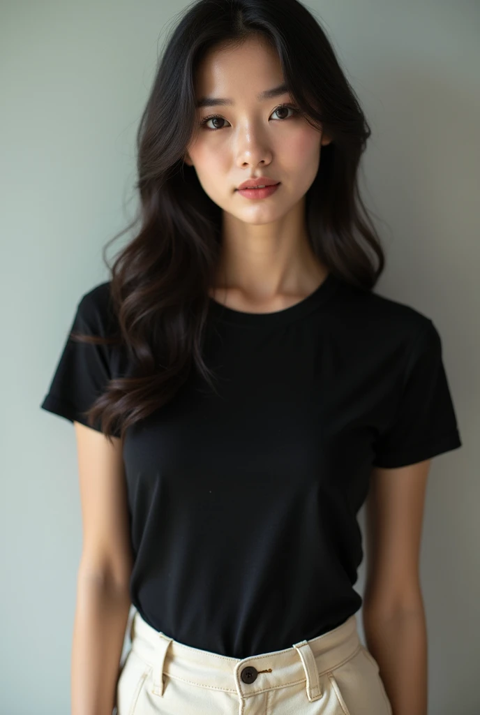 masterpiece：1.2，（best quality），lifelike，Beautiful Lee Ji-eun（Indiana University）Face（3.0）chest circumference（The real situation，Intricate details，Depth of Field），Short-sleeved black T-shirt shy pose（chest circumference 1.2）（Smile）Beautifully五官（1.8）（White skin，Beautifully），Fantasy beauty mini skirt slim waist，Black Hair，Long hair，Beautiful hairstyle，Brown eyes