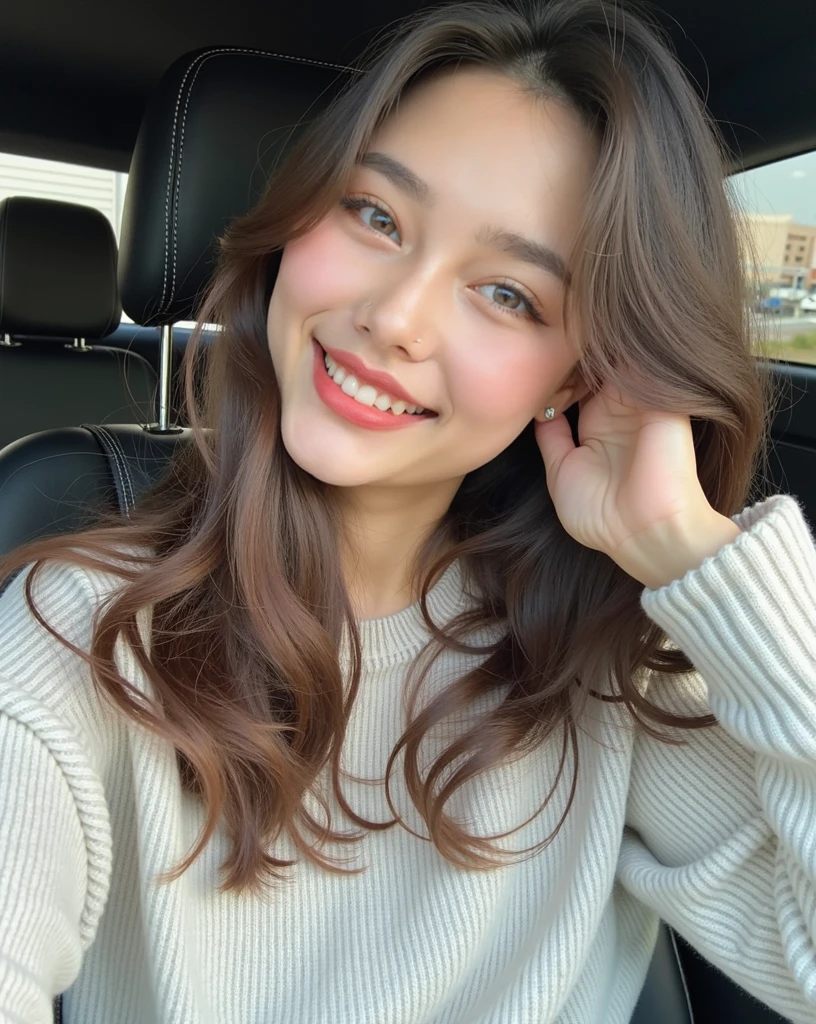 ((highest quality, 8k, masterpiece: 1.3)), 1 female, Japanese Idols,Sensual beauty: 1.3, (Hair style Brown hair Medium wave, big: 1.2), hoodie: 1.1, Very friendly face, Delicate eyes, double eyelid, Dimples,Mole, Sit on the sofa,relax,smile,Plump body,mole,very thick paws,Moe sleeves,Cowboy shot from above,