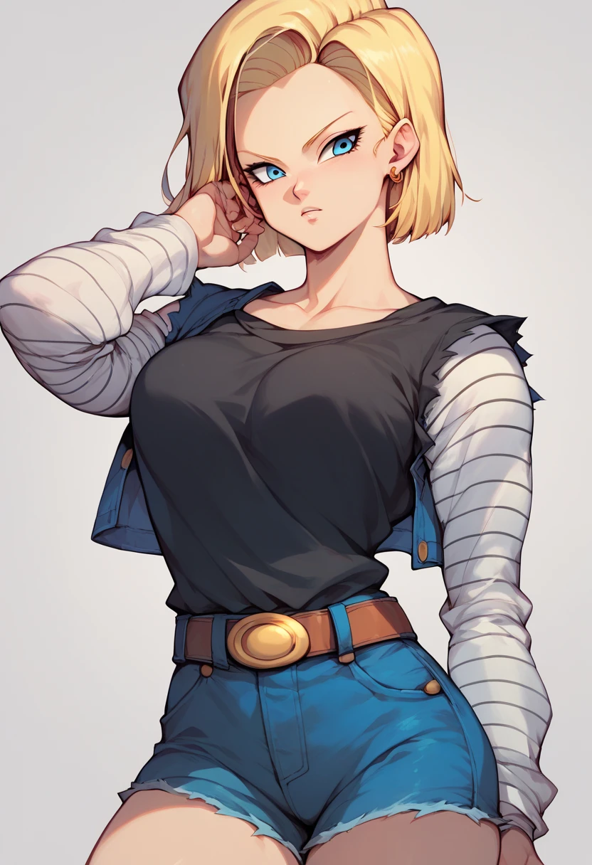 Masterpiece, best quality,high resolution,1 girl,android 18, blonde hair, short hair, blue eyes, black shirt, white sleeves, jean shorts,belt, dragon ball z,cell shade animation,old anime animation 