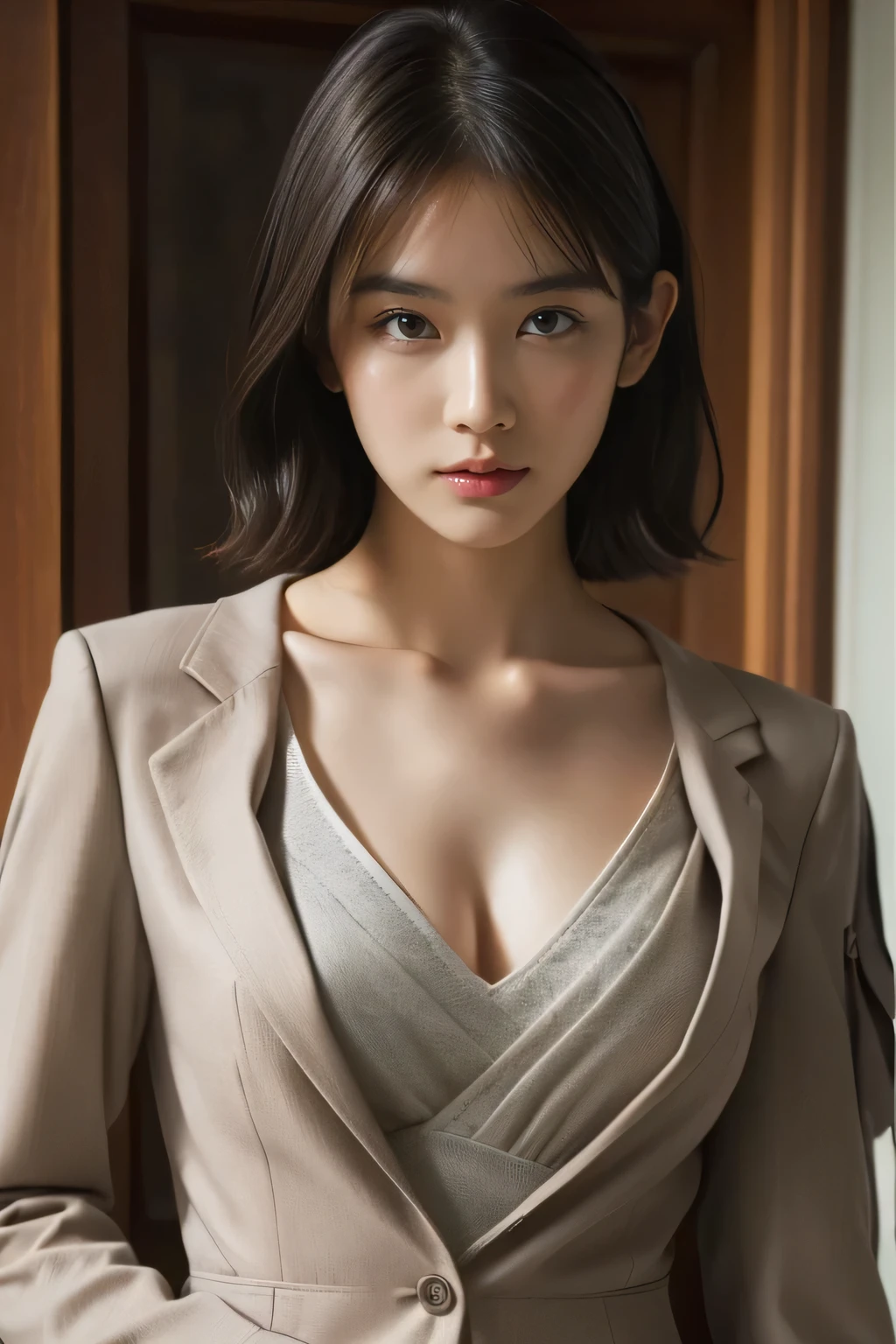 (Highest quality,8k,masterpiece:1.3),Realistic high-quality photos,Highest quality,Beautiful and exquisite face and eyes,OL,suit,Half Body Shot