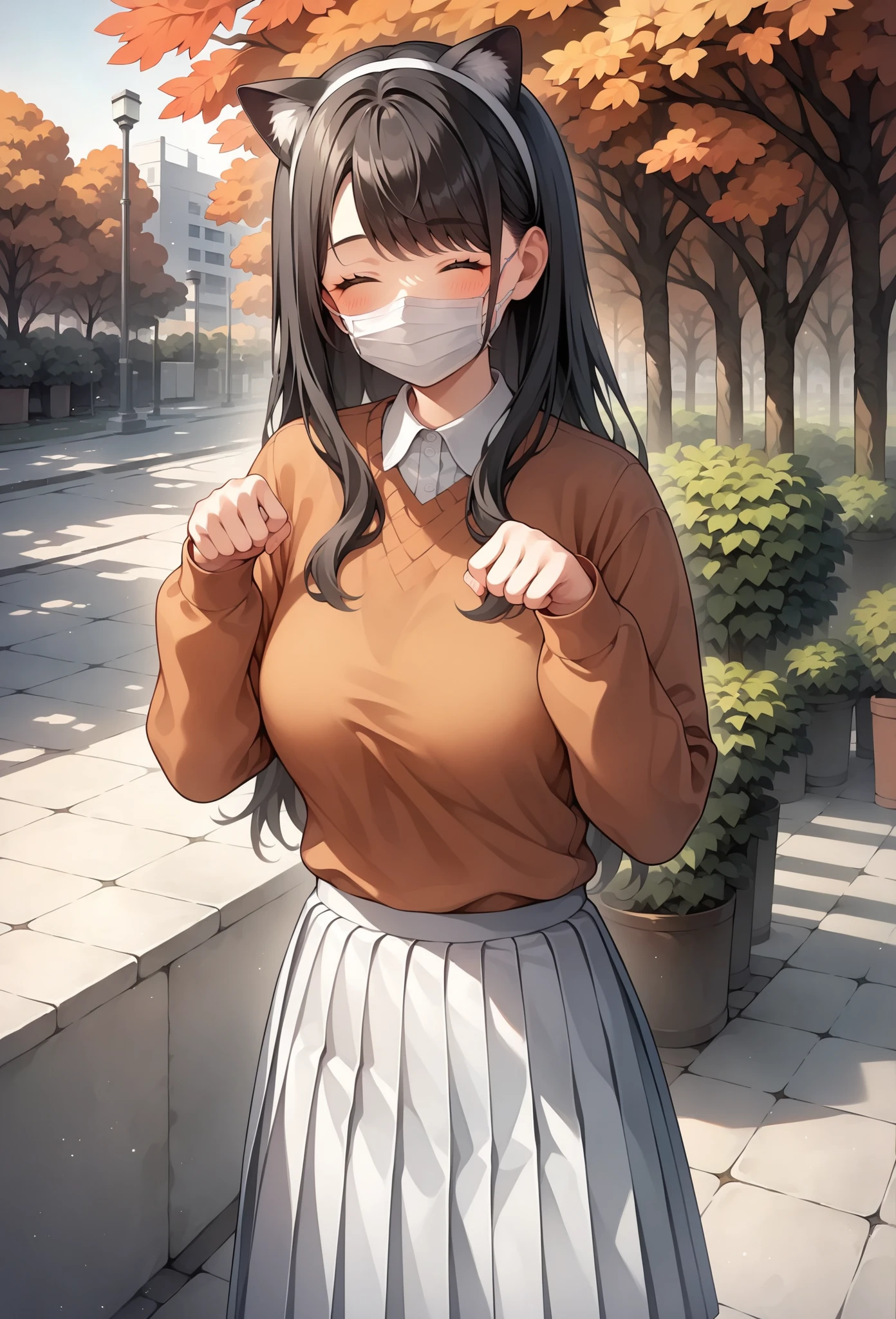 Anime-style character, score_9, score_8_up, score_7_up, source_anime, Adult, mature woman, 24 year old, anime girl wearing a cat kitten ears headband, wearing a white mouth mask, sweater (long sleeve, grey-blue color, casual:1.3), Twill Pleated Long Skirt (long skirt, pleated skirt, White skirt:1.3), anime girl with cute face, happy expression, blush, calm, smilling, wholesome look, paw pose, (perfect anatomy, perfect proportions, perfect figure:1.3), (closed eyes, long hair, black hair, straight hair, lob haircut), curvy body, thick, medium breast, (medium shot, Looking at viewer, upper body, from above, zoom out), (background: Autumn trees in the park, the park with city view).

