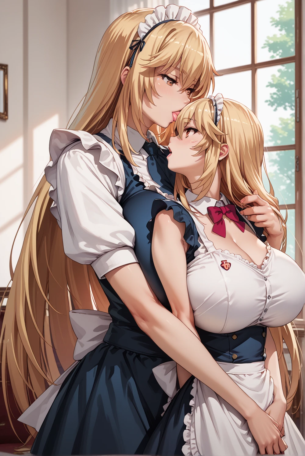 ((Shokuhou-Misaki,Detailed faces)),((((size difference,)))),large woman and small woman,2 girl,females only,size difference kiss,(gigantic huge busty)),maid costume,