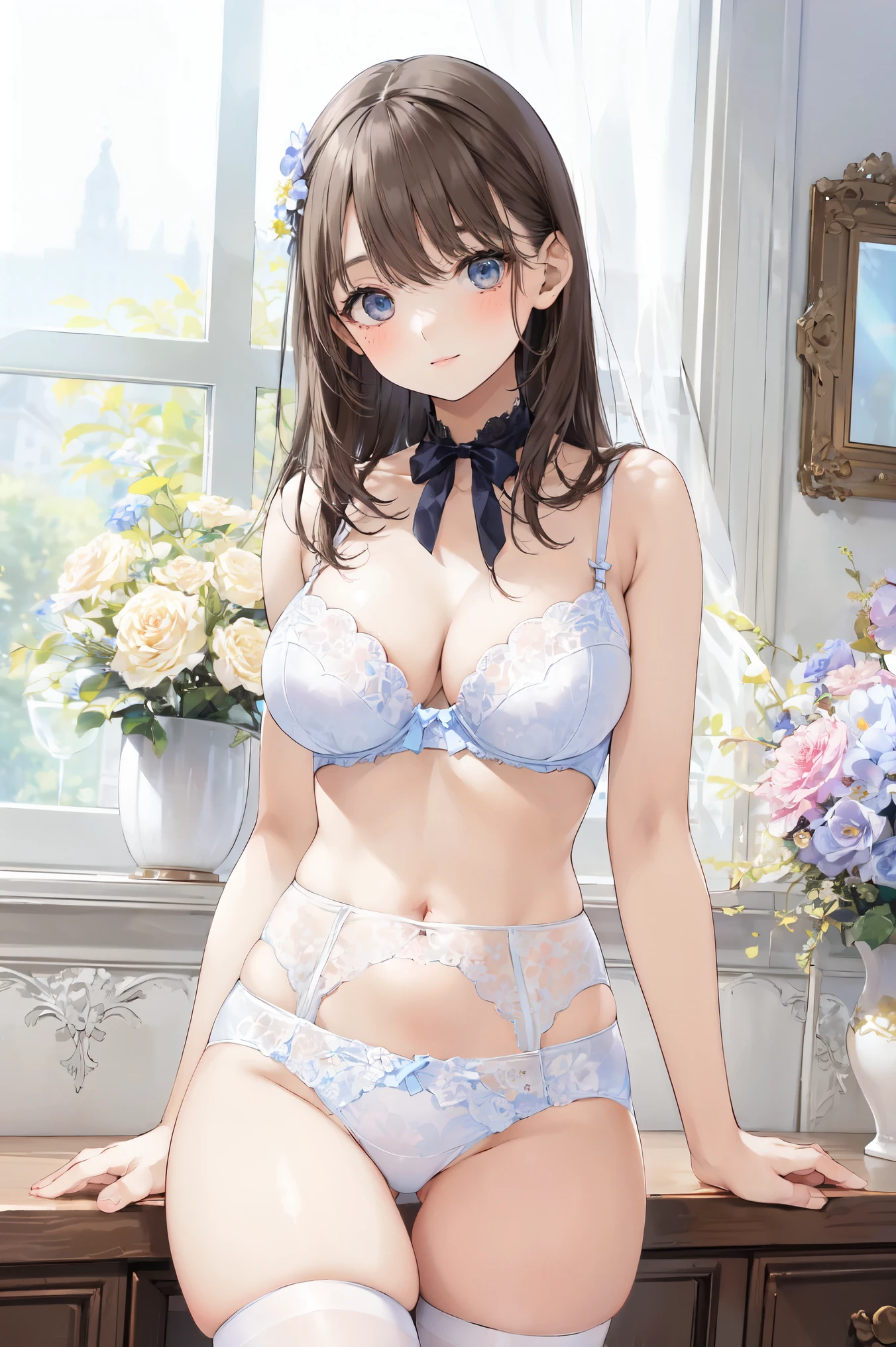 nsfw, 1Woman, cute woman, natural woman, pure woman, masterpiece, high quality, delicate ultra-detail floral-pattern white underwear, floral-pattern sheer tops, open clothes, (floral-pattern white bra), (floral-pattern high-waist white panties), (((high-waist floral-pattern white panties))), The underwear material is very soft, thin and delicate., lingerie, white stockings, zettai ryouiki, very delicate black long beautiful Hair, floral white light-blue large hair accessory, light colors, in the room, looking at viewer, smiling, [[big breast]], [[big hip]], detailed eyes, clear skin, close-up shot, Illustration, Anime, Outside the window, you can see an open forest, in a room full of numerous flowers of many kinds, flowers, cameltoe,