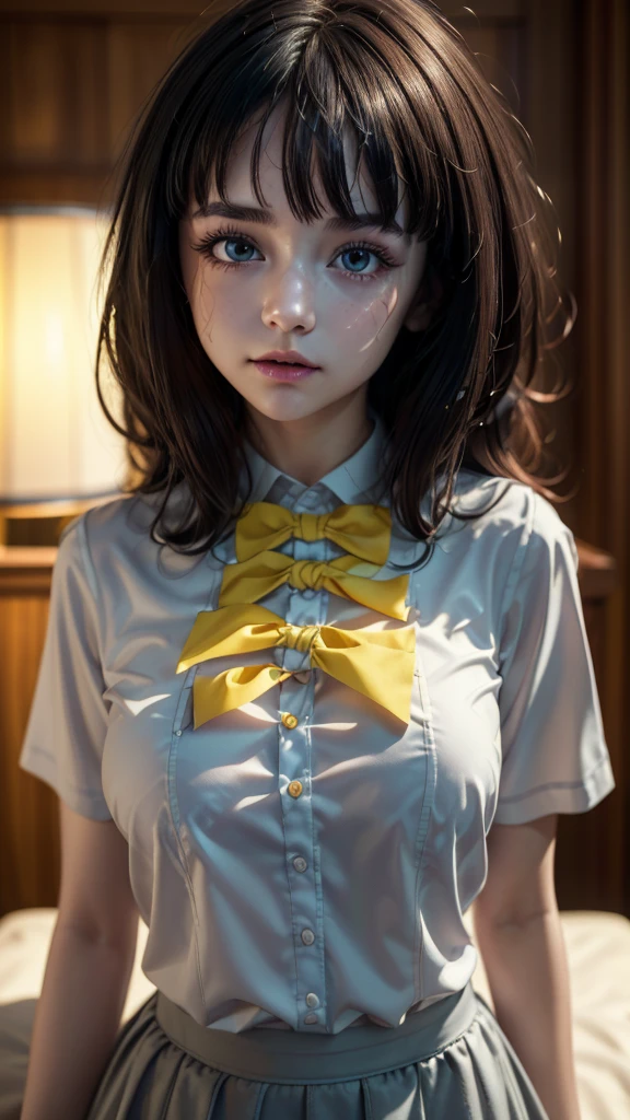 AnnaSchool, collared shirt, white shirt, blue bowtie, yellow bowtie, short sleeves, pleated skirt, grey skirt, (best quality, masterpiece:1.2), 1girl, (((masterpiece))), looking at viewer , top-quality, top-quality, High Details, 1girl, illustratio, comic strip, soothing tones, Subdued Color, Soft cinematic light, adobe lightroom, photolab, HDR, intricately and hyper-detailed、(((depth of field, (((masterpiece)))。(((top-quality))).)((ultra-detailliert)))。(((illustratio)))。(((takeout))).(((up chest))).((morning glow)).((the setting sun)), solo, anime, anime screencap, ray tracing, ultra resolution image, vivid color, cinematic light, lens flare, light on face, glow eyes, depth of field, happy, detailed background, cute, straight-on, full body,16k, highres, masterpiece, best quality, realistic, cinematic photo a very short girl, solo, (looking at viewer:1.2), high definition, 8K, detailed face, grabbing her breast, showing her breast, 1 girl, alone,(extremely detailed CG unity 8k wallpaper), (masterpiece), (best quality), (ultra-detailed), (best illustration), (best shadow), (absurdres)
  ((((ultra realistic,32k,RAW photo:1.1),(high detailed skin:1.1), 8k uhd, dslr, high quality, film grain, (makeup, mascara:1.1), 