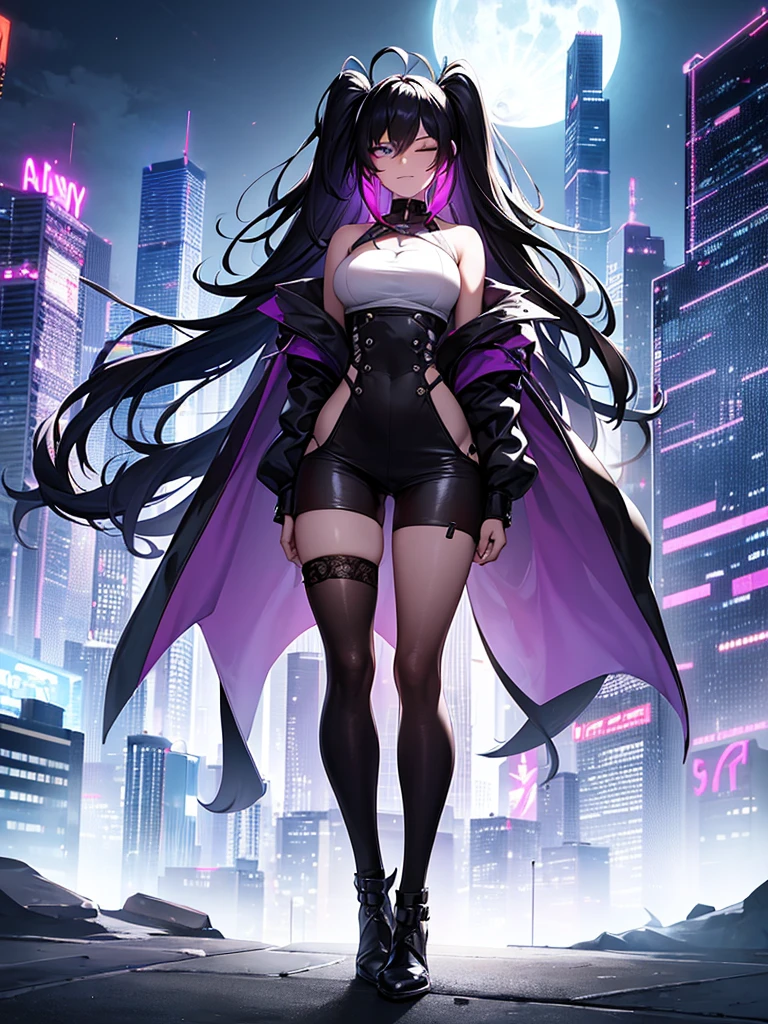 whole body, isometric, medium shot, City, evening, cyberpunk,, purple hair, black jacket, White shirt, black skirt, Red ribbon, purple eyes, white gloves, wide, evil smile,thigh high boots