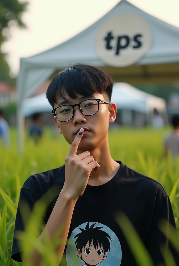 (Make the picture look like anime/mangga) A young man in a black t-shirt, glasses, and a cigarette, standing in a fild of green grass