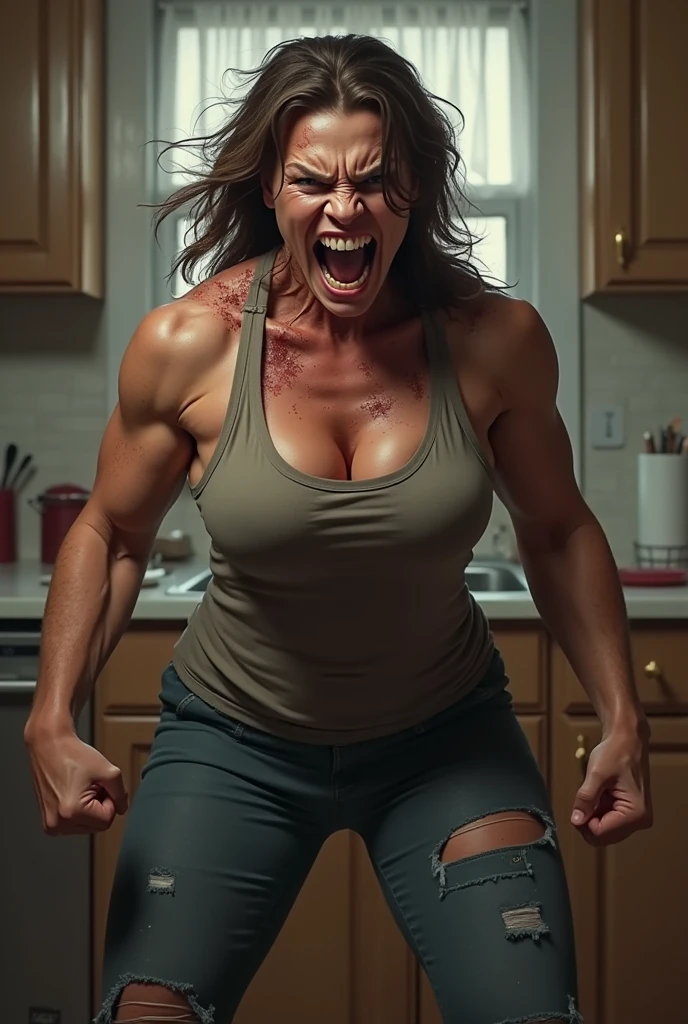 Dwayne Johnson the rock body of lady talking in the mobile phone, shouting angrily in the living room 