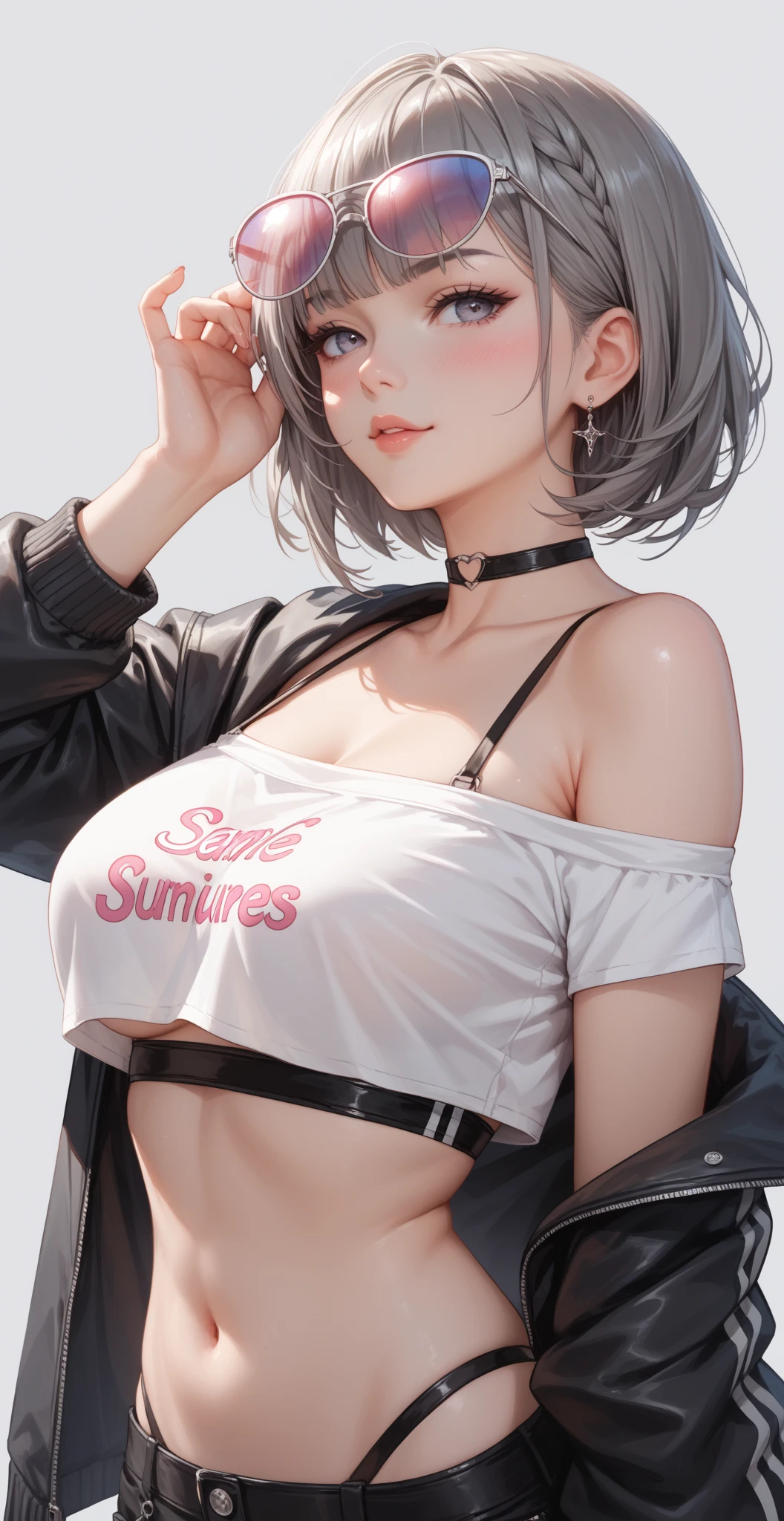 1girl, bangs, white hair, blue eyes, fashi-g,bob cut,short hair, cleavage, collarbone, denim, hand up, jacket, jeans, looking at viewer, huge breasts, medium hair, midriff, off shoulder, pants, solo, tank top, upper body,mature female