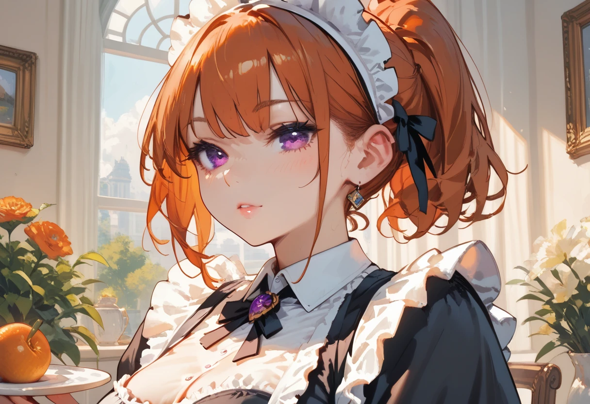 masterpiece,  best quality,  1 girl, Purple Eyes,  orange hair,Maid headdress, Maid,