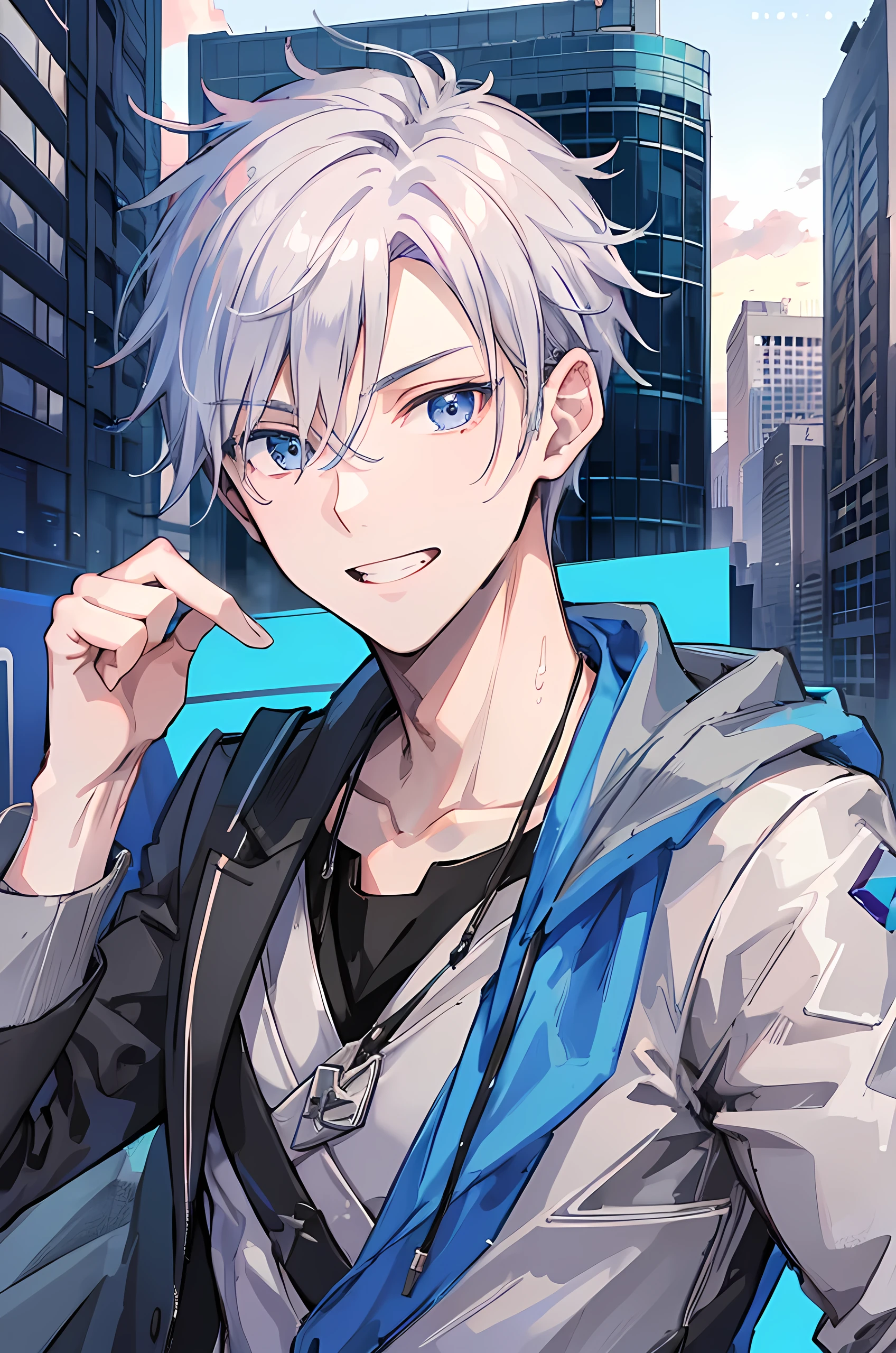 Young man, grey hair, blue eyes, toothy smile face, handsome man, jacket casual wear clothes, modern style cool boy, bad boy, tall man, close up camera, city background