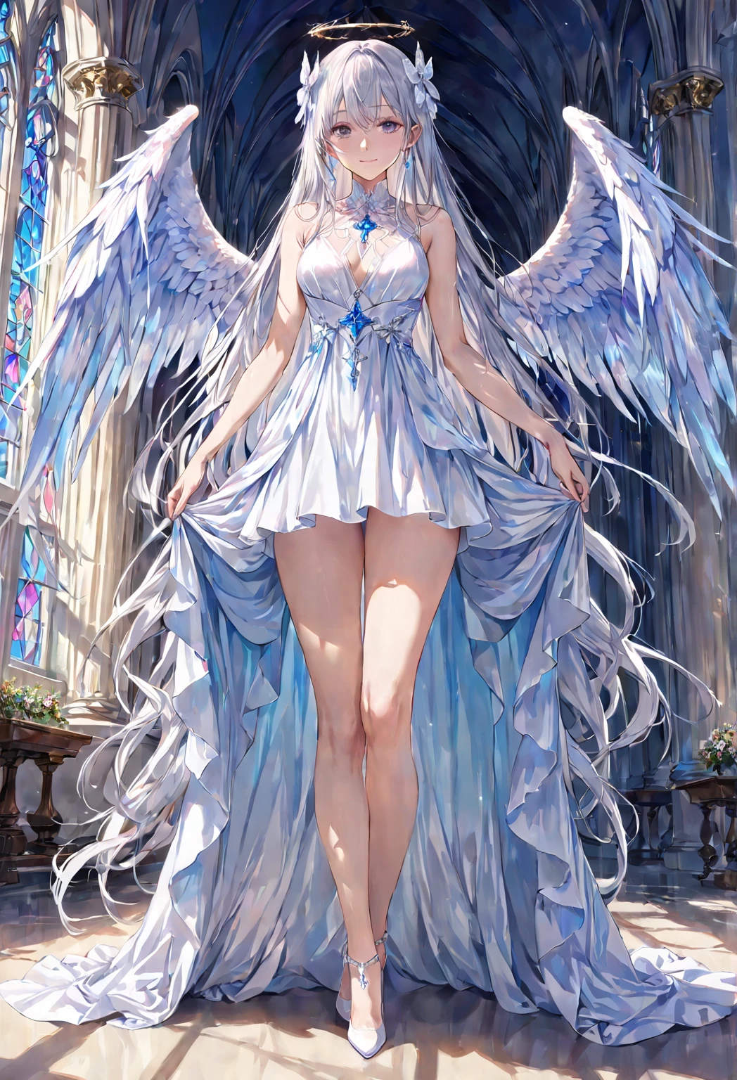 masterpiece, best quality, ultra -detailed, finely detail, White girl, angel, two big wings, white hair, blue eyes, sexy, sexy pose, pastel blue dress, full body, long hair, fringe, pastel blue dress, white shoes, acessories, wings on the back, big lips, big boobs, small waist