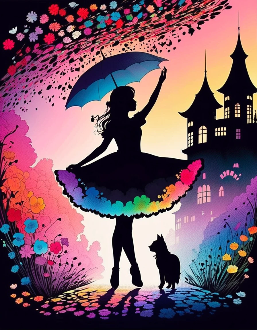 Shadow art, Flat illustration, silhouette art, everything except the shadows is colored with colored cellophane, Rain of petals, petals dancing in the wind, rose flower. Adorable and cute girl, short gothic lolita outfit, twirling happily, lifting skirt hem with hand, fairy tale, castle in the distance, artistic expression, (Many colorful beautiful floral, Gradient background), rainbow highlights, Seiji Fujishiro art. shadow minimalism, ink art