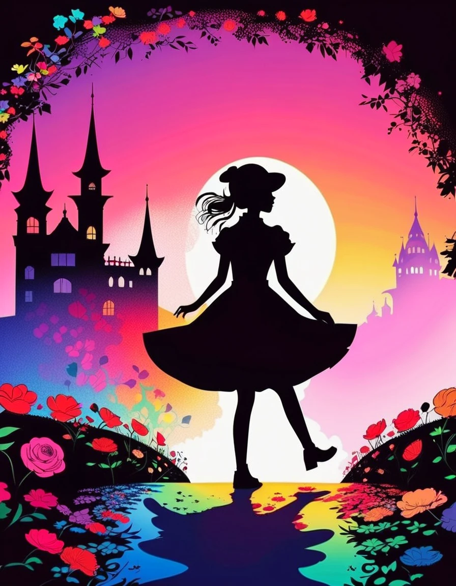 Shadow art, Flat illustration, silhouette art, everything except the shadows is colored with colored cellophane, Rain of petals, petals dancing in the wind, rose flower. Adorable and cute girl, short gothic ****ta outfit, twirling happily, lifting skirt hem with hand, fairy tale, castle in the distance, artistic expression, (Many colorful beautiful floral, Gradient background), rainbow highlights, Seiji Fujishiro art. shadow minimalism, ink art