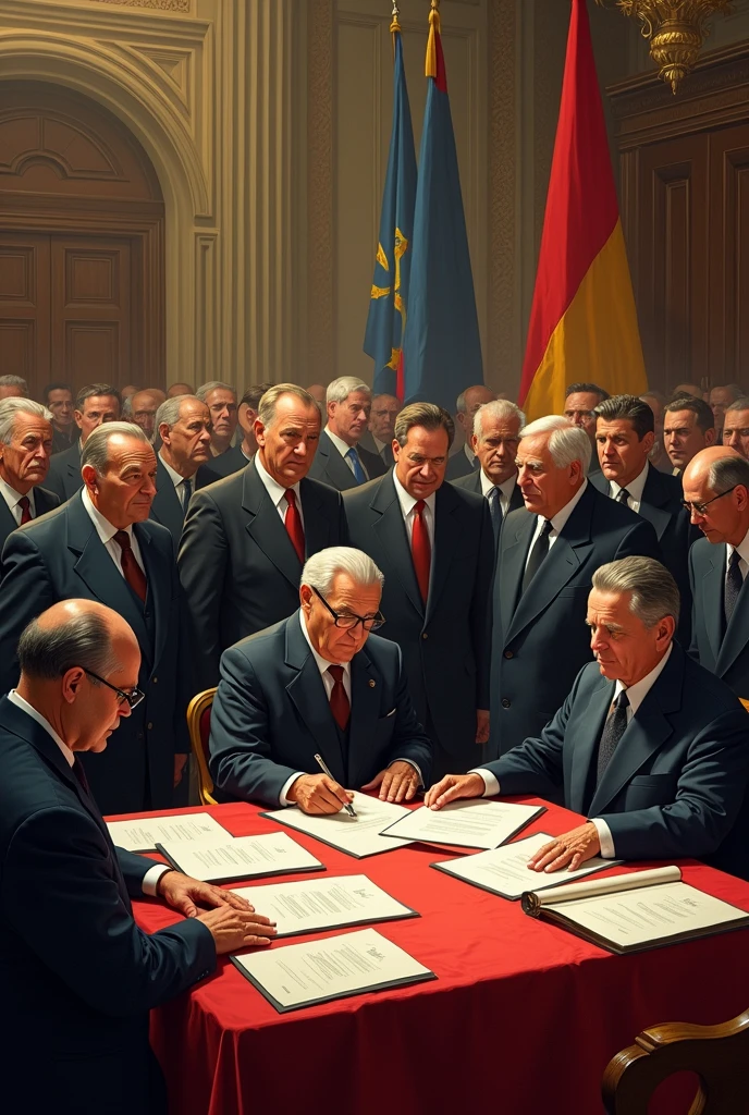Picasso style image of the meeting and signing of the Treaty of Versailles in 1919, Germany, France, USA, England signing the treaty. Add England flags, Germany, France, USA


