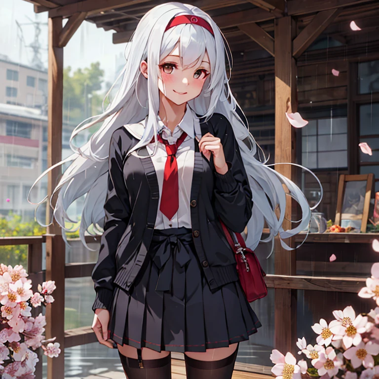 (Rain of Petals:1.4),
shoukaku_kantaicollection
long_hair, hairband, white_hair, brown_eyes, smile, headband, blush, muneate,
(masterpiece,best quality,ultra detailed,hyper detailed,exquisite,beautiful:1.4),(art CG, 8K),1girl,solo,KonishiCSA,full body, blush,smile, ,(standing:1.4),tights,
school uniform, cardigan,
