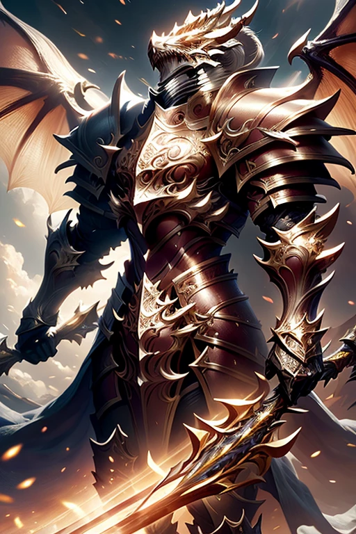 (1 knight) full body Male dragon paladin wearing a white leather armor under a shiny white intricate elaborated baroque plate chest armor with gold lightnings accents, White medieval closed helmet with gold lightning accents, long white cape with gold lightnings ornaments, holding a great white lightning greatsword, detailed fantasy armor white lightning, Large white dragon wings, white storm background, blue lightnings, cloudy background