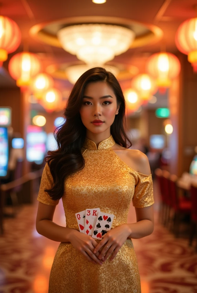 young woman, happy, smiling, attract a beautiful moden woman wearing vietnam traditional shining gold ao dai, big breast, sexy, off-chest top, she is holding cards, dark brown long hair, digital painting, beautiful detailed eyes, beautiful detailed lips, extremely detailed face, Standing front of poker table, at a casino lobby with high tech vietnamese new year decoration, dynamic camera angle, full body view, dramatic lighting, vibrant colors, cinematic composition, highly detailed, photorealistic, 8k, masterpiece
