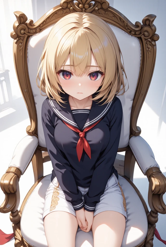 A girl sitting on a lovely antique chair, with messy blonde bob cut, wearing a sailor shorts style sailor suit and a navy blue sweater, fantasy illustration art, masterpiece, best quality, very aesthetic, absurdres, very aesthetic