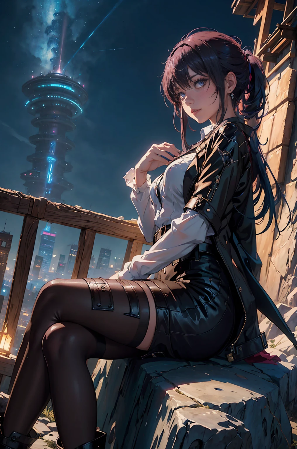 anime girl sitting on a rock looking at the sky,a sky piercing tower far far away, molly millions,((Best Quality)), ((masterpiece)), (Cinematic aesthetics:1.4) Long、A sexy、gorgeous view, depth, high detail, digital art, painted by greg rutkowski, painted by seb mckinnon, trending on artstation