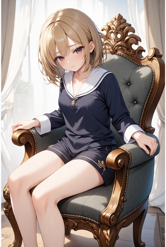 A girl sitting on a lovely antique chair, with messy blonde bob cut, wearing a sailor shorts style sailor suit and a navy blue sweater, fantasy illustration art, masterpiece, best quality, very aesthetic, absurdres, very aesthetic