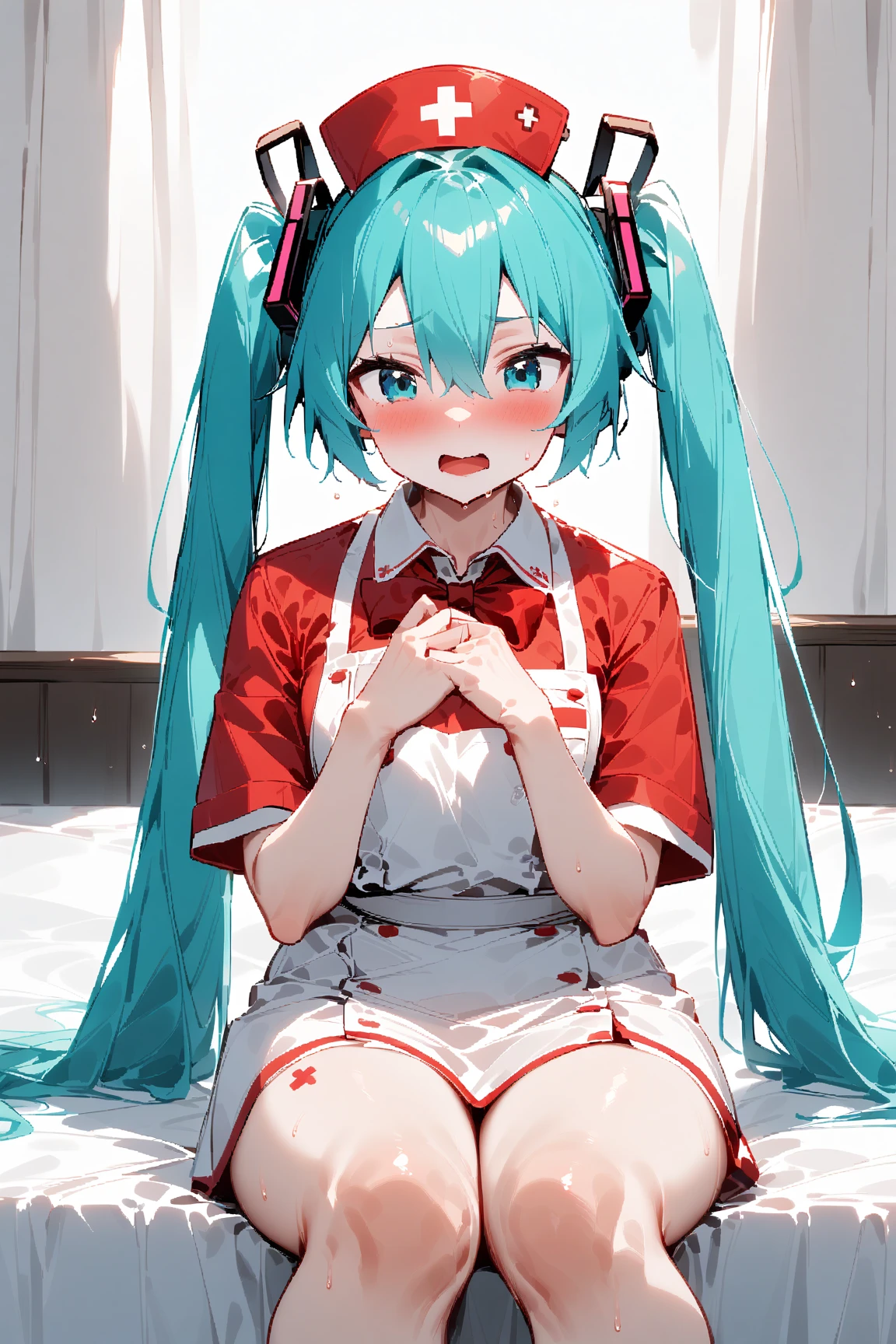 nsfw、 Hatsune Miku 、A girl with a red bow on a headband is sitting at a table、 wearing nurse clothes 、 bed、 sexy