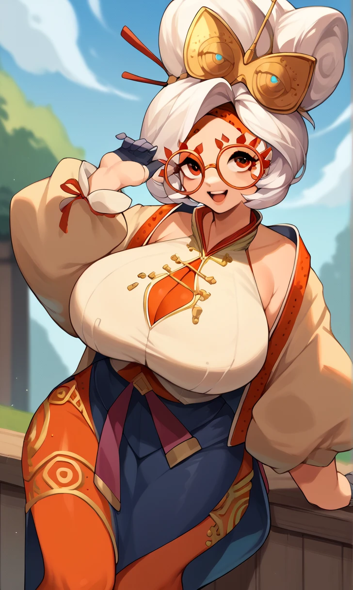 score_9, score_8_up, score_7_up, score_6_up, score_5_up, score_4_up, (source_anime), purah, 1girl, huge breasts, narrow waist, thick thighs, hair ornament, red headband, red glasses, sleeveless shirt, white coat, black skirt, red leggings, gloves, high heels, outdoors, happy,