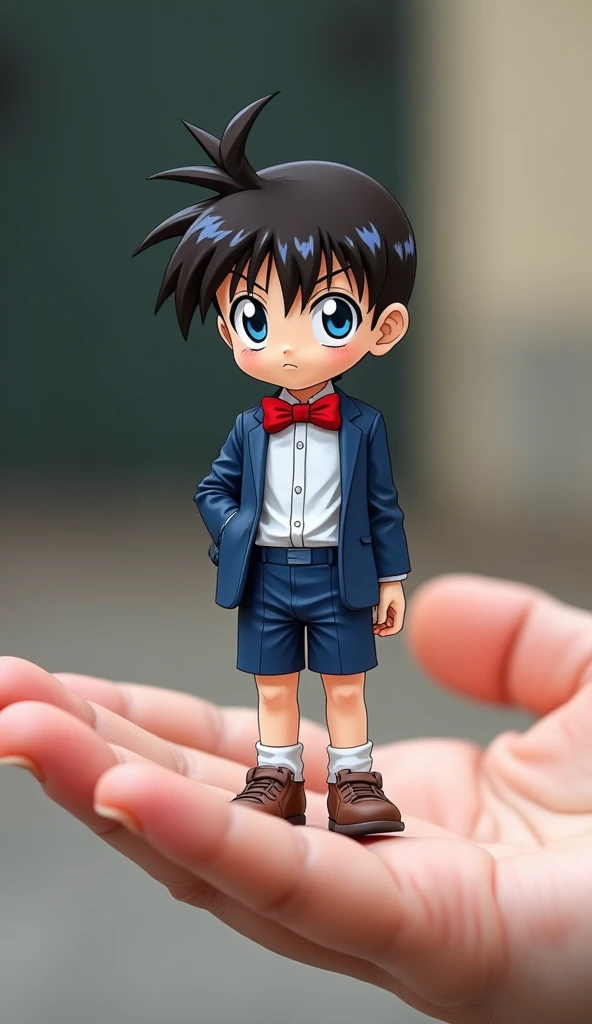 Conan Edogawa searches for clues to the case at the crime scene,squatt,Take a handkerchief, boy,Blue suit,blue short pants,White sneakers,Large-rim glasses,Red bow tie,tchibi