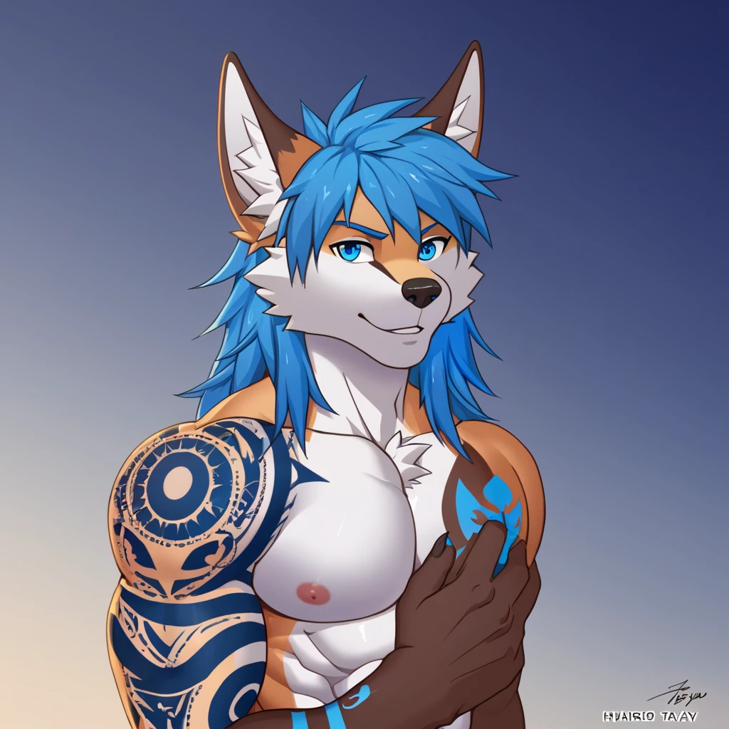 furry, fox, muscle, strong, blue hair, may tay, tattoo on the left arm, white chest, blue eyes,