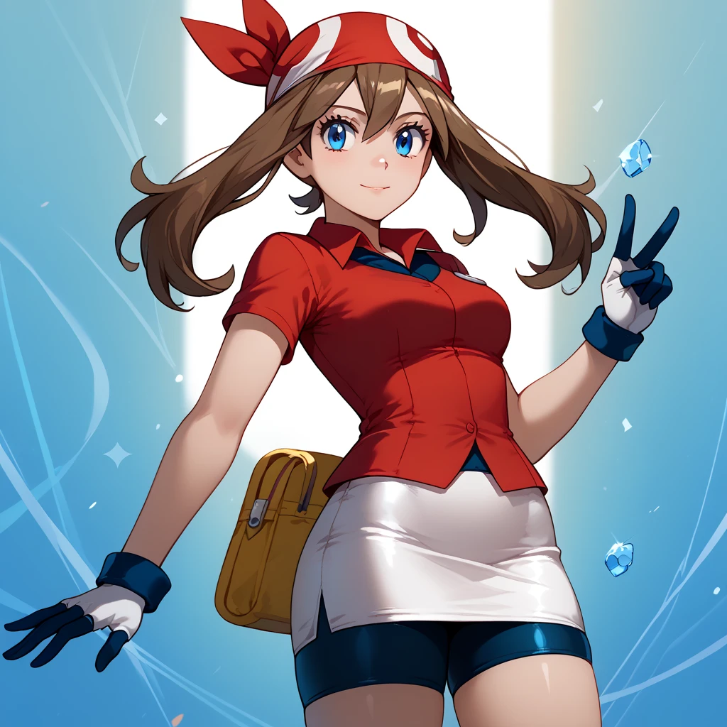 Perfect CG unity 8K UHD wallpaper, Perfect CG unity 8K UHD wallpaper, pokemonmay, blue eyes, brown hair, bandana, long hair, red bandana, twintails, hair between eyes, bike shorts, collared shirt, gloves, microskirt, multicolored shirt, pencil skirt, red shirt, shirt, short sleeves, skirt, white skirt,