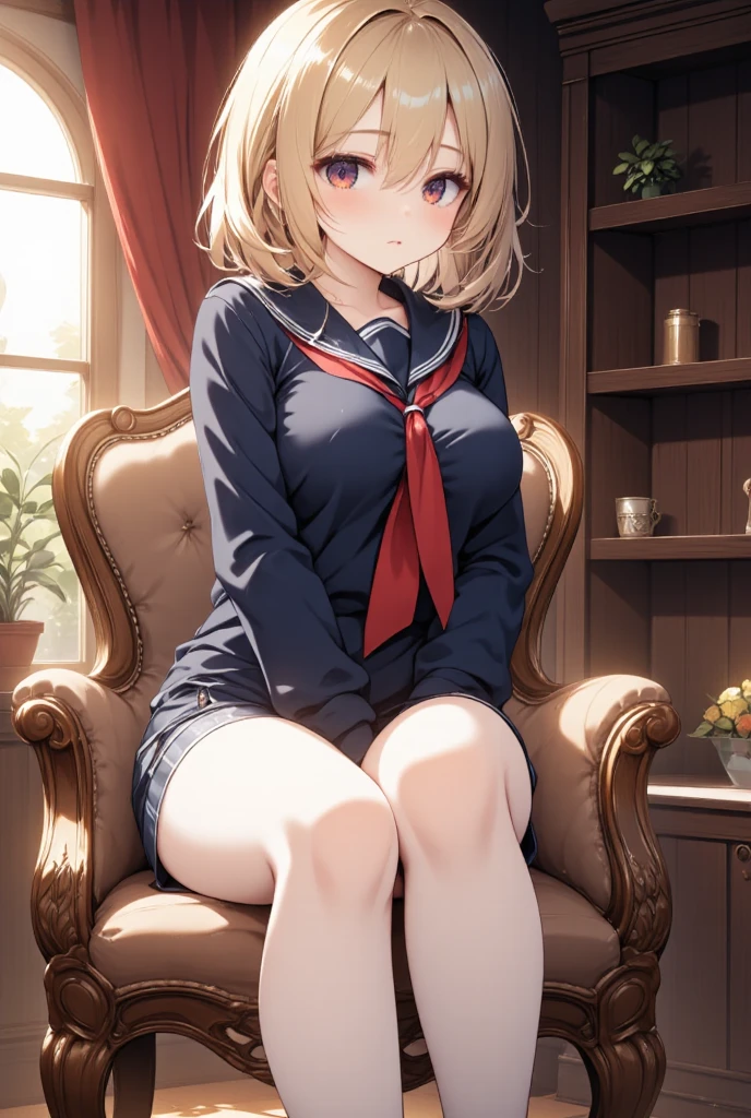 A girl sitting on a lovely antique chair, with messy blonde bob cut, wearing a sailor shorts style sailor suit and a navy blue sweater, fantasy illustration art, masterpiece, best quality, very aesthetic, absurdres, very aesthetic