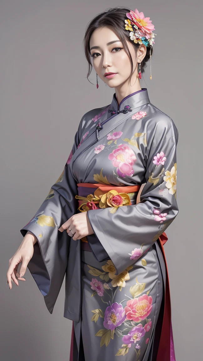 ((masterpiece,best quality,8k,highres)),((character concept art)), 1 female, mature female, Asian, grandmother, milf, sexy, lustful, 50 years old, 160 cm height, (medium length grey hair), grey hair, (fair skin colour), ultra finely detailed eyes (brown eyes colour), extraordinary gorgeous, seductive, flirtatious, calm, friendly, perfect body build ((slim, busty)), ((intricate detail)), super finely detailed hands, ultra finely detailed fingers(((ten fingers))), wearing traditional kimono, sex symbol, ex-courtesan, (standing still), (full body showcase), (show full body), (no logos on background), (no logo), ((plain background)), ((plain background)), (((empty background)))