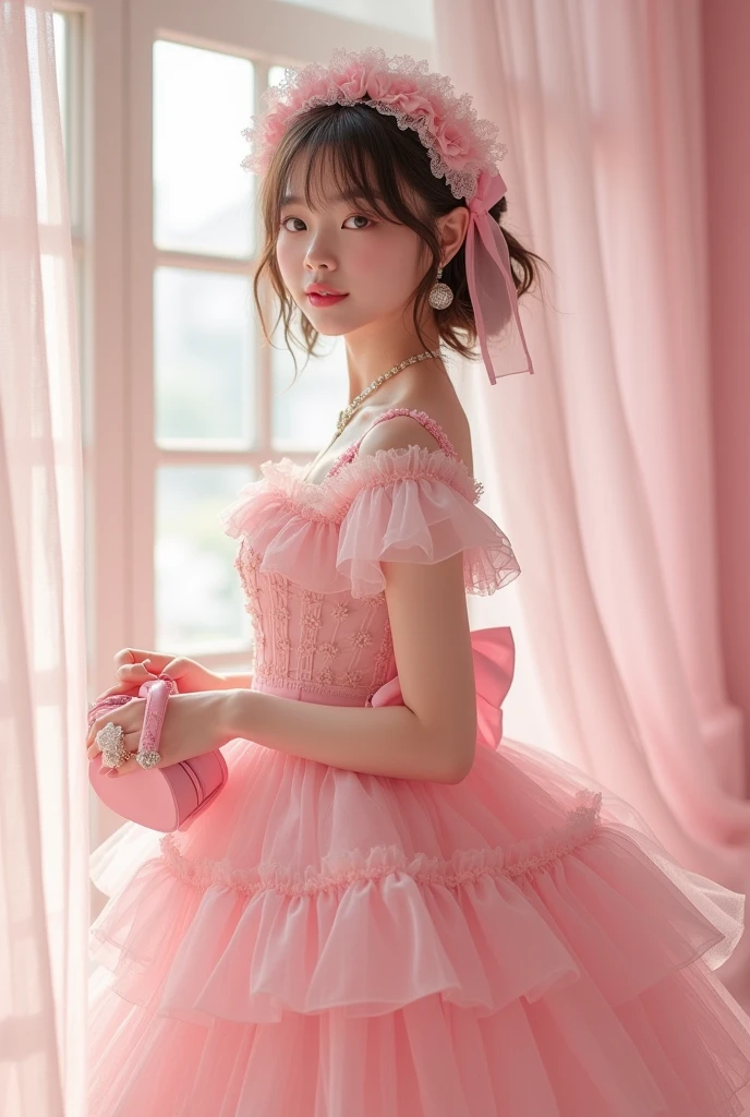 (Highest quality、masterpiece、8k、Best image quality、hyperrealism、Award-winning works)、**-****-*** cute beautiful girl、(alone:1.1)、(1 photo:1.1)、(cute, Girlish, A sheer lolita dress in light pink and light blue:1.2)、(Cute Girlish big ribbon:1.1)、(Cute and luxurious hair accessories:1.1)、(The perfect Lolita dress with attention to detail:1.2)、(A cute dress with frills and ribbons:1.1)、(cute lolita dress with lace decorations:1.1)、(Cute Girlish lolita wavy hair:1.1)、(Low length:1.1)、(height: 140cm:1.1)、(Very large breasts:1.5)、(Glamorous Body:1.5)、(Big cleavage:1.5)、(Pink Roses:1.1)、(cute heart symbol:1.1)、Cute Lots of frills、(Big cute ribbon:1.1)、Accentuate your body lines、Slender body、Standing Elegantly、(Pastel color Girlish and luxurious lolita room background:1.1)、(A fairytale room with attention to detail:1.1)、(cute light blue decorative wall:1.2)、(cute room with a っぽい atmosphere in pastel colors:1.1)、(cute room with very bright and shiny pastel colors:1.4)、(A very bright and shiny room:1.2)、(Lots of pastel colors:1.2)、(very bright and vivid:1.4)、(cute pastel-colored wall decoration:1.2)、Blurred Background、Standing Elegantly Girl、Accurate anatomy、Perfect Makeup、Long eyelashes、Glossy Lips、Ultra HD glossy skin、(Ultra-high resolution, bright and beautiful skin:1.2)、(Super bright and radiant skin:1.2)、超高精細のGlossy Lips、Ultra-high resolution beautiful teeth、Light brown and blonde hair、Light brown eyes, nude