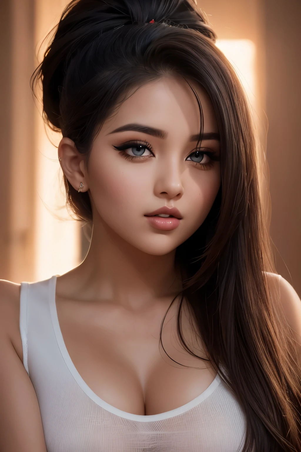 Mulher de 19 anos, preta com cabelo cacheado, honey-colored and serious eyes 